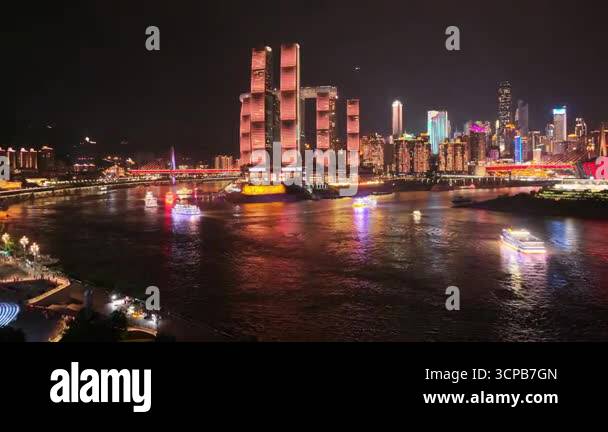 Aerial Drone Footage Of Chongqing Skyline At Night With Modern Towers aerial-drone-footage-of-chongqing-skyline-at-night-with-modern-towers