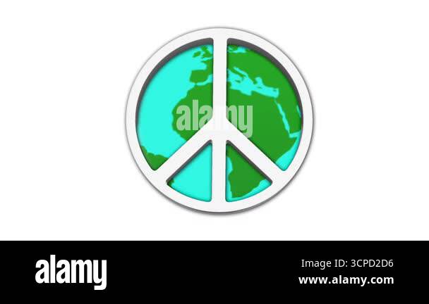 Animated peace symbol and Earth. A white 3D peace symbol in front of ...