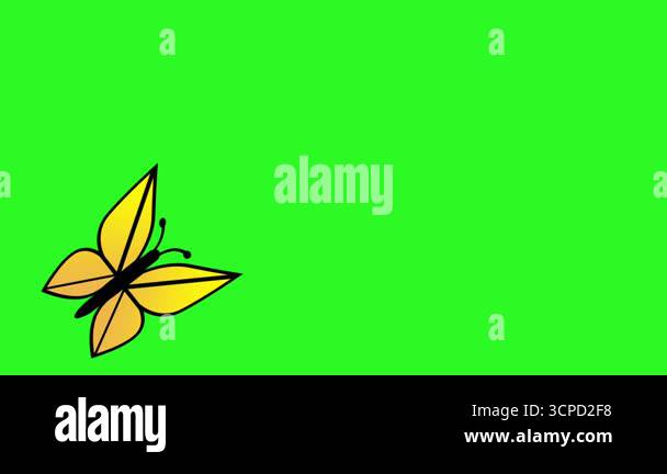 A single yellow cartoon butterfly flies diagonally across a green ...