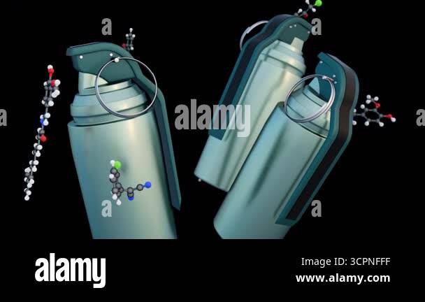 A 3d animation of polished metallic tear gas canister and several 3D ...