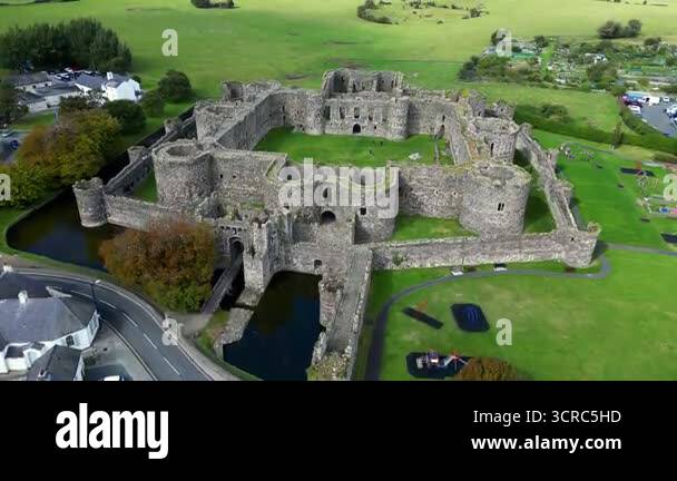 Aerial view of the medieval ruins of Beaumaris Castle in the coastal ...