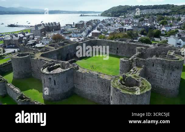 Aerial view of the medieval ruins of Beaumaris Castle in the coastal ...