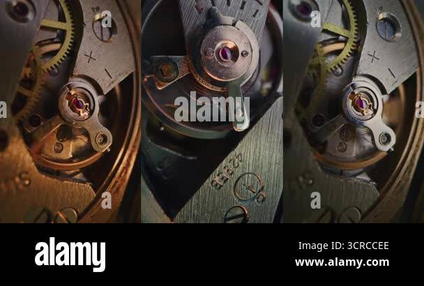 Split Multi Screen Collage of Mechanical Clocks Movement Showing Gears ...