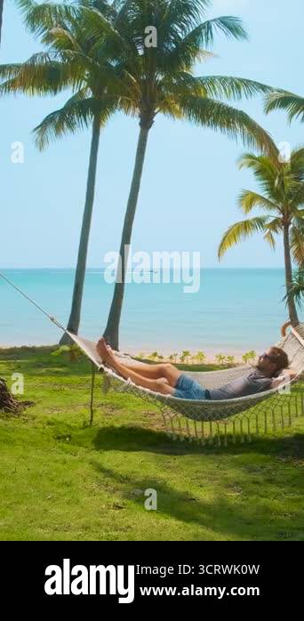 Man relaxing in a hammock between palm trees on tropical beach with ...