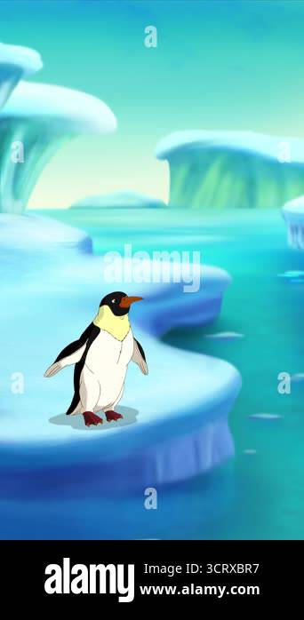 A cute emperor penguin stands on a snowy ice floe amidst a serene blue ...