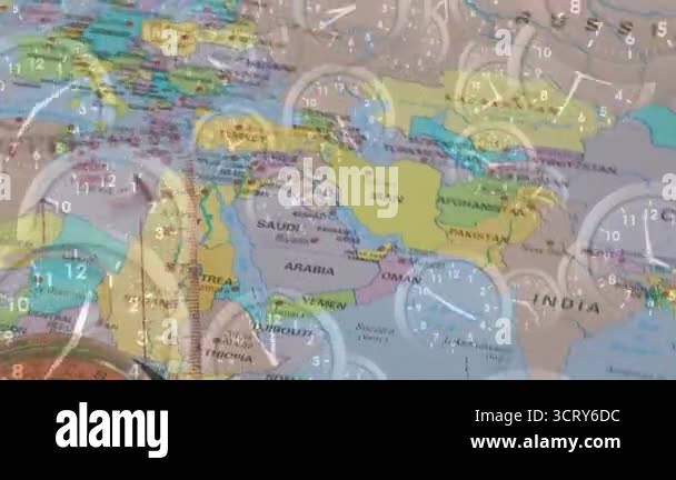 Clock overlay starting map rotating left, tracking time zones on ...