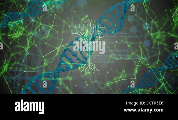 After one-second, DNA helix rotating with neon circuit tree emerging ...