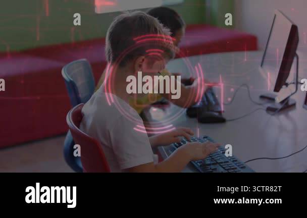 Classmates typing in computer lab, starting red overlay forming padlock ...