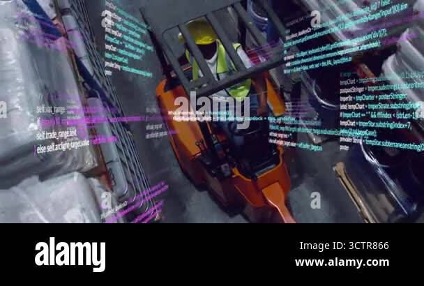 Operator pushing lever forward, driving forklift down aisle with code ...