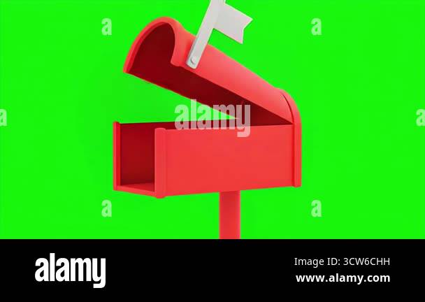 A vibrant red mailbox with its flag raised, set against a bright green ...