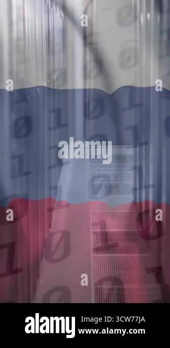 Binary code and Russian flag animating over server room in data center ...