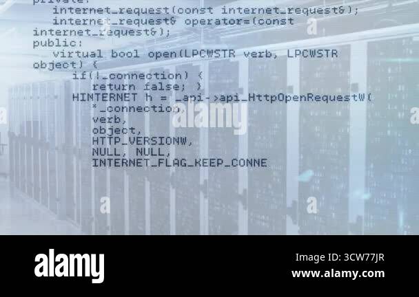 Overlay opening transparent C++ code scrolling over server racks ...