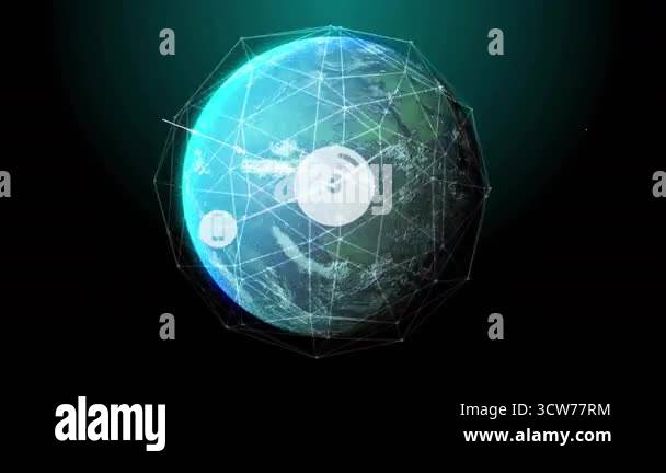 Rotating 3D Earth spawning target icon then Wi-Fi and data nodes ...