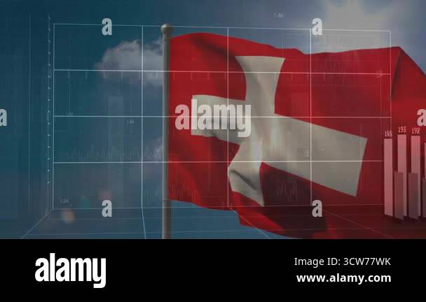 Swiss flag waving 1 second later grid appearing animating line graph ...