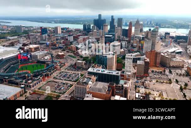 Heading towards the high-rise downtown of Detroit, Michigan, USA. Drone ...