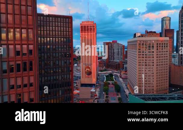 Setting sun light on the facades of the high-rise buildings of the ...