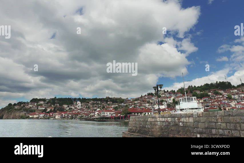 Tourist pov to port and town from boat ride tour at Ohrid lake Stock ...