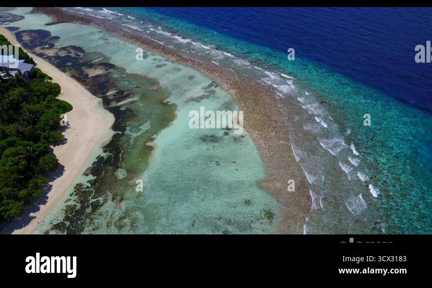 Wide above abstract shot of a white sandy paradise beach and blue sea ...