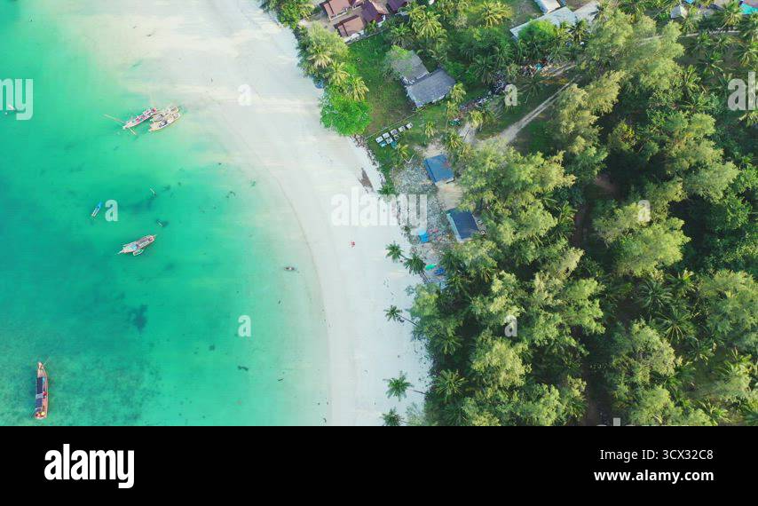Tropical overhead abstract view of a paradise sunny white sand beach ...