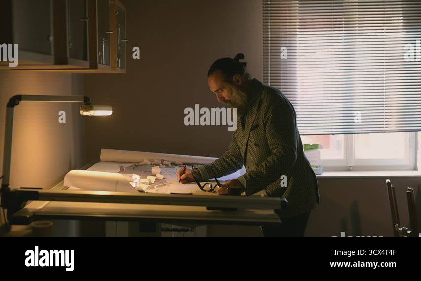 MS Man drawing on blueprints at desk, Cameri, Novara, Italy Stock Video ...