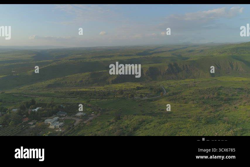Aerial shot at sunset above Golan Heights and Taiberia in North of ...