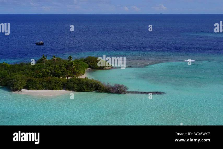 Aerial sky of idyllic island beach time by transparent ocean with white ...
