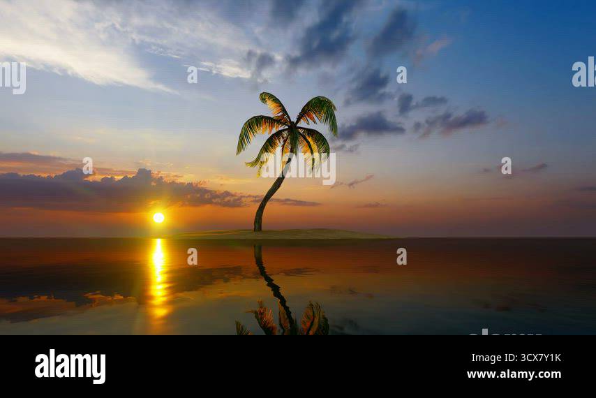 Single palm tree on a small island at sunset Stock Video Footage - Alamy
