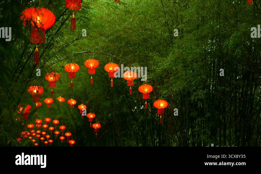 Rows of traditional chinese style red lanterns hanging on bamboo tree ...