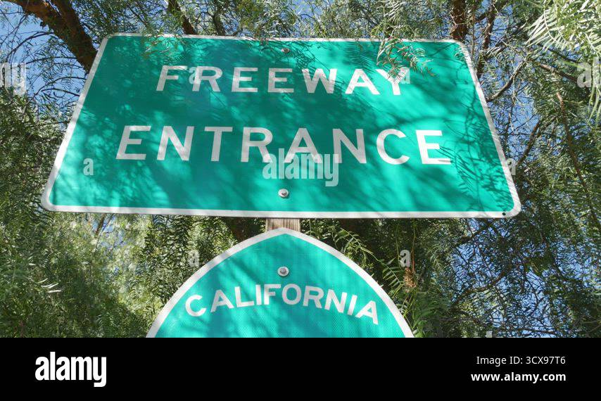 Freeway entrance sign on interchange crossraod in San Diego county ...