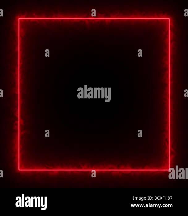 Glowing square frame with neon fire smoke flicker on black background ...
