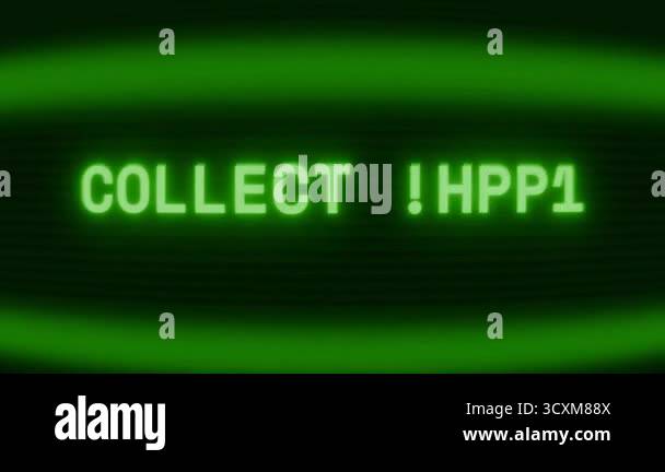 Old green CRT screen showing text COLLECT COINS appearing in random ...