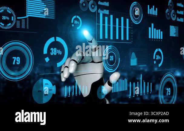 A robotic hand is poised to interact with vibrant digital data ...