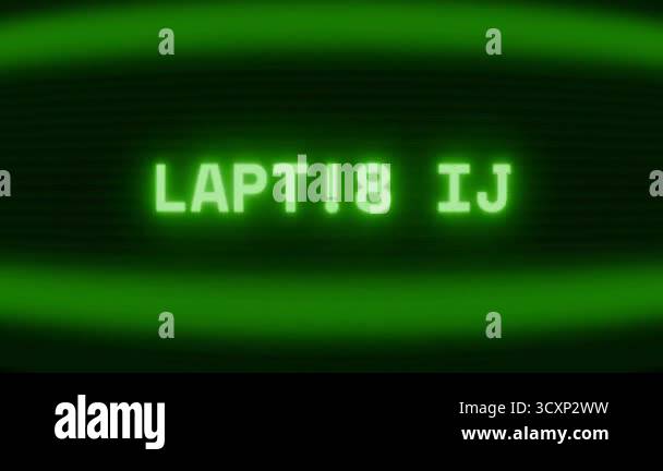 Old green CRT screen showing text LAPTOP PC appearing in random glitch ...