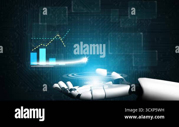 A futuristic robotic hand presenting vibrant growth charts and ...
