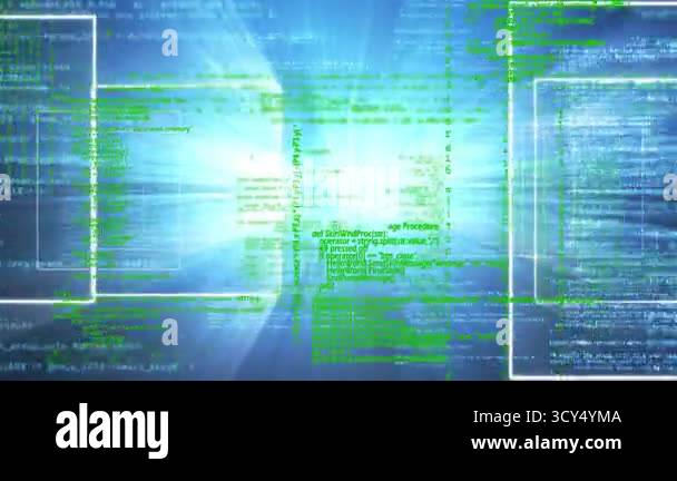 Windows showing on blue backdrop igniting green code scrolling and ...
