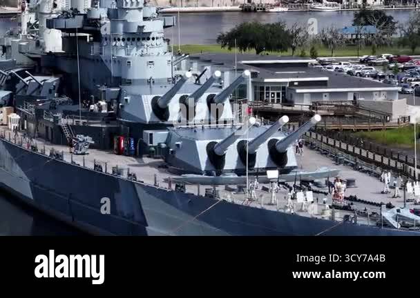 Low aerial view of the USS North Carolina BB-55 With Multiple Gun ...