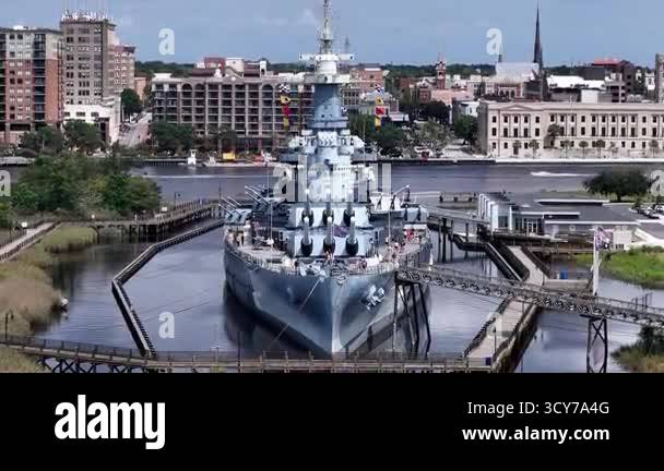 Low aerial view of the USS North Carolina BB-55 With Multiple Gun ...