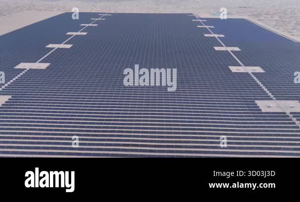 Vast solar panel array with white markings laid out on a sandy desert ...