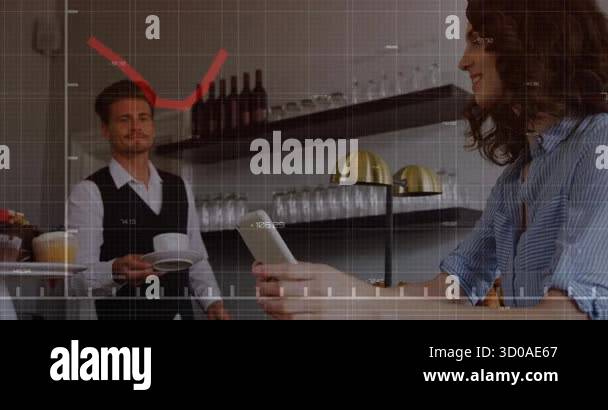 Woman scrolling tapping tablet showing hospitality sales graph varying ...