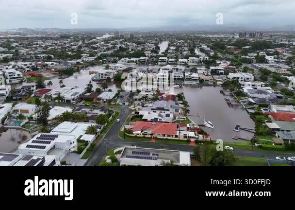 Drone footage captures a flooded residential area in Gold Coast