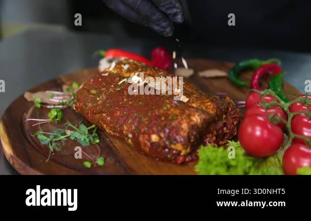 Processing and marinade with aromatic spices with salt of pork meat ...