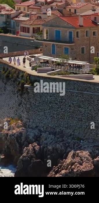 Antibes, France - September 4, 2025: Aerial drone view of Antibes stone