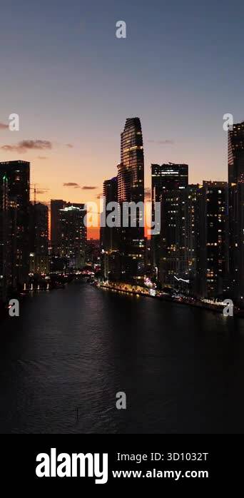 A drone aerial shot capturing tall modern buildings in downtown Miami ...