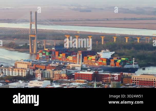 Cargo container ship in Savannah, Georgia. Old historic city ...