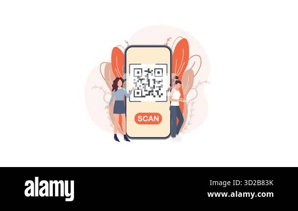 Two women presenting qr code on smartphone screen on white and green ...