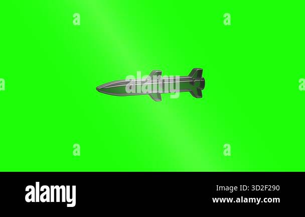 Metallic missile spinning and soaring through green screen backdrop ...