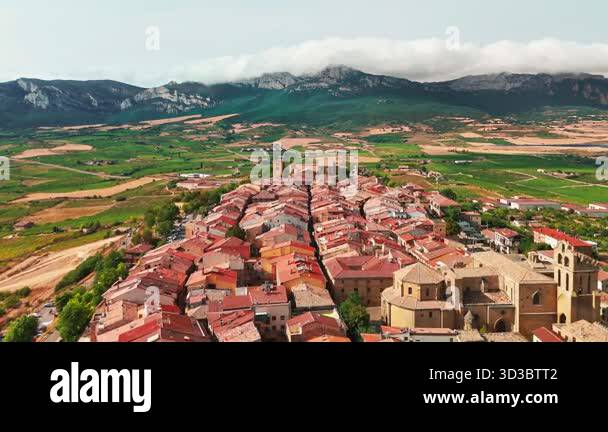Basque Medieval Aerial view of Laguardia medieval fortified hilltop village surrounded ...