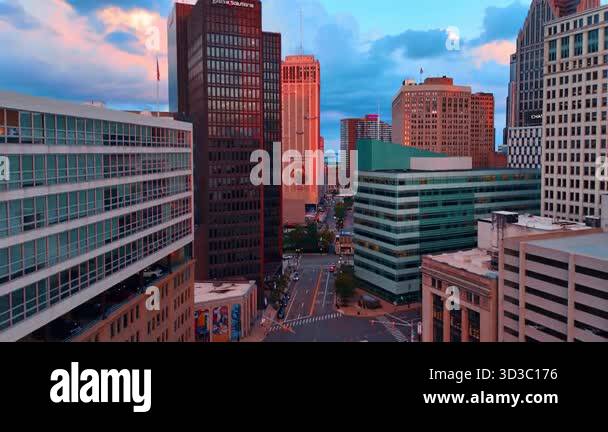 Detroit, USA, 28 July 2025: Modern high-rises of Detroit lit by the ...