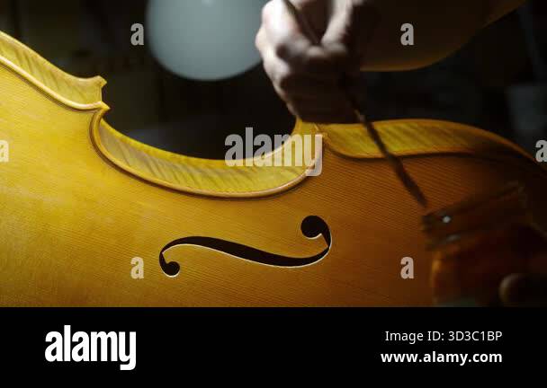 Skilled craftsman varnishing wooden cello ribs and edges, carefully ...