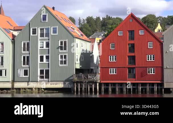 Beautiful riverfront buildings in Trondheim, Norway showcase colorful ...